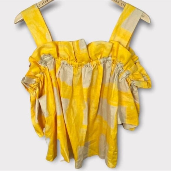 Anthropologie Whit Yellow Mariposa Top 100% Linen Size Large Gingham‎ Bohemian L - Picture 9 of 12